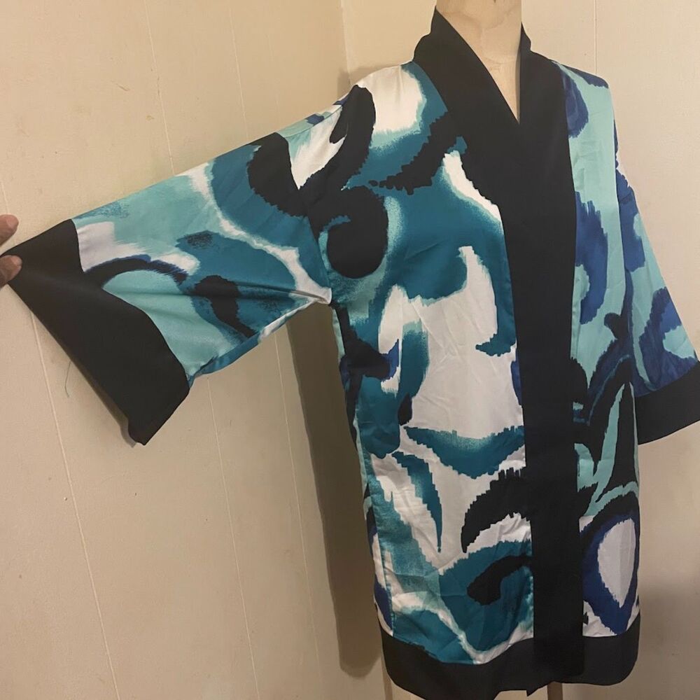 CHICO'S  Travelers Scroll Print Kimono Top Jacket  L/XL Agate Blue White